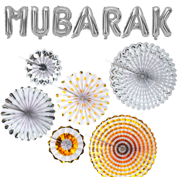 Silver Mubarak Foil Balloons + Set of 6 Gold & Silver Concertina Fan Decorations